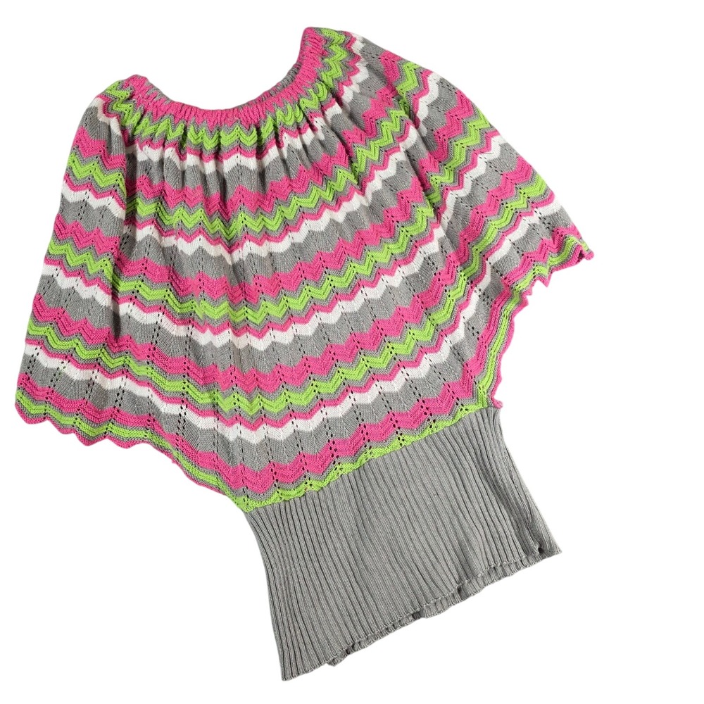 Vintage Say What? Batwing Knit Top Pink Green Chevron Y2K Crochet Festival Large
